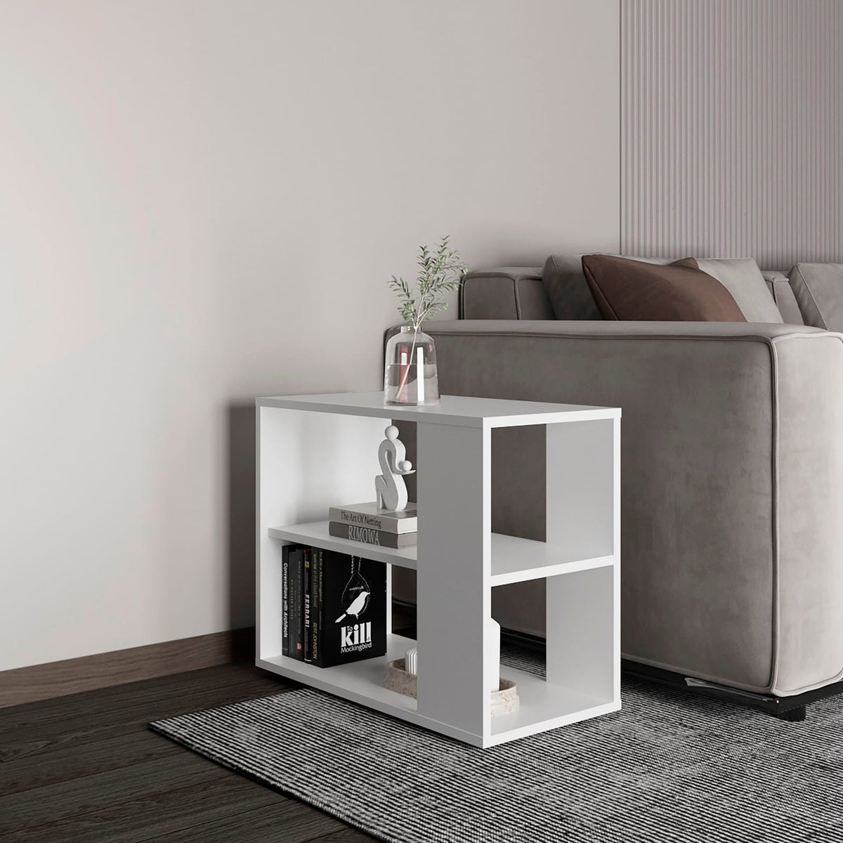 White Engineered Wood Storage Table with 2 Shelves for Living Room