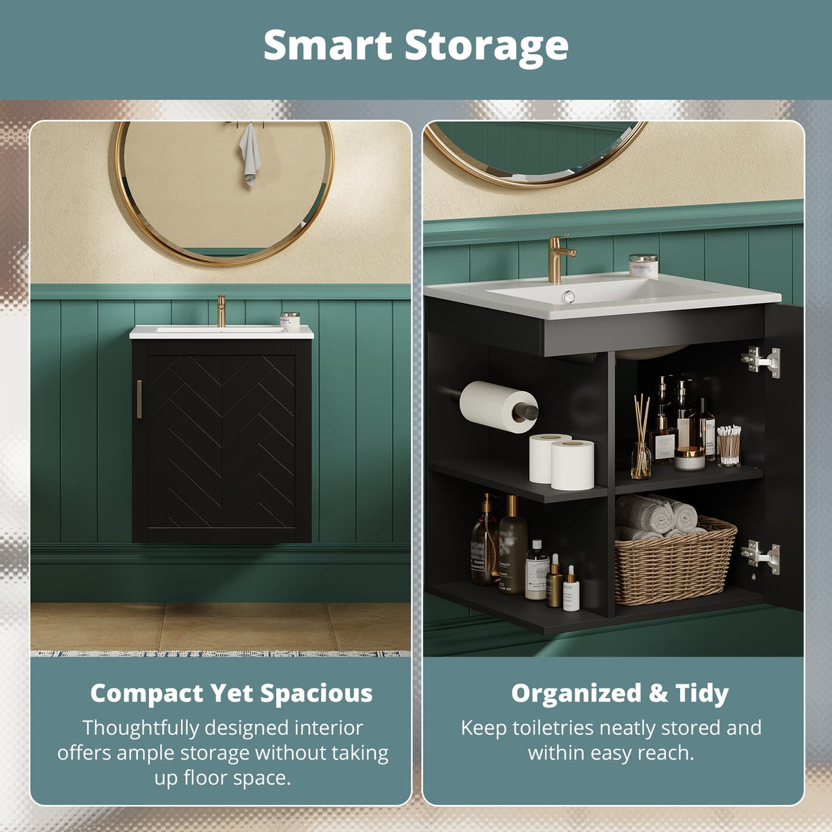 Black Solid Wood Bathroom Cabinet - Wall Mounted Storage
