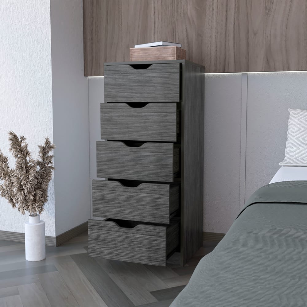 Gray Five Drawer Dresser - Narrow Bedroom Storage