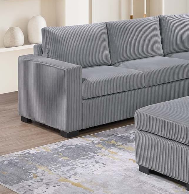 Light Gray Corduroy L-Shaped Sectional Sofa Set