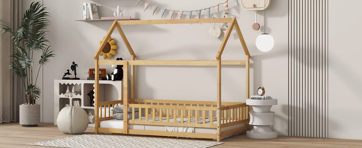 Twin Size Rubber Wood House Bed with Roof Frame