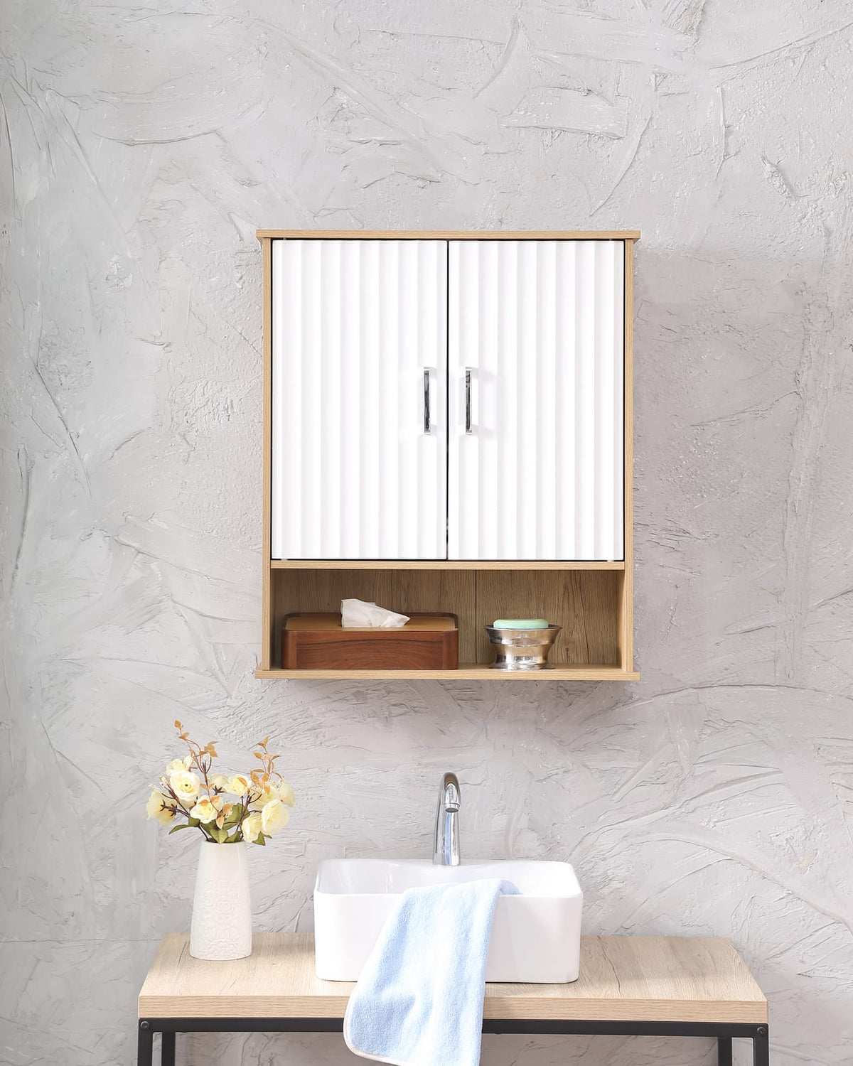 White & Natural Bathroom Storage Cabinet - Wall Mounted
