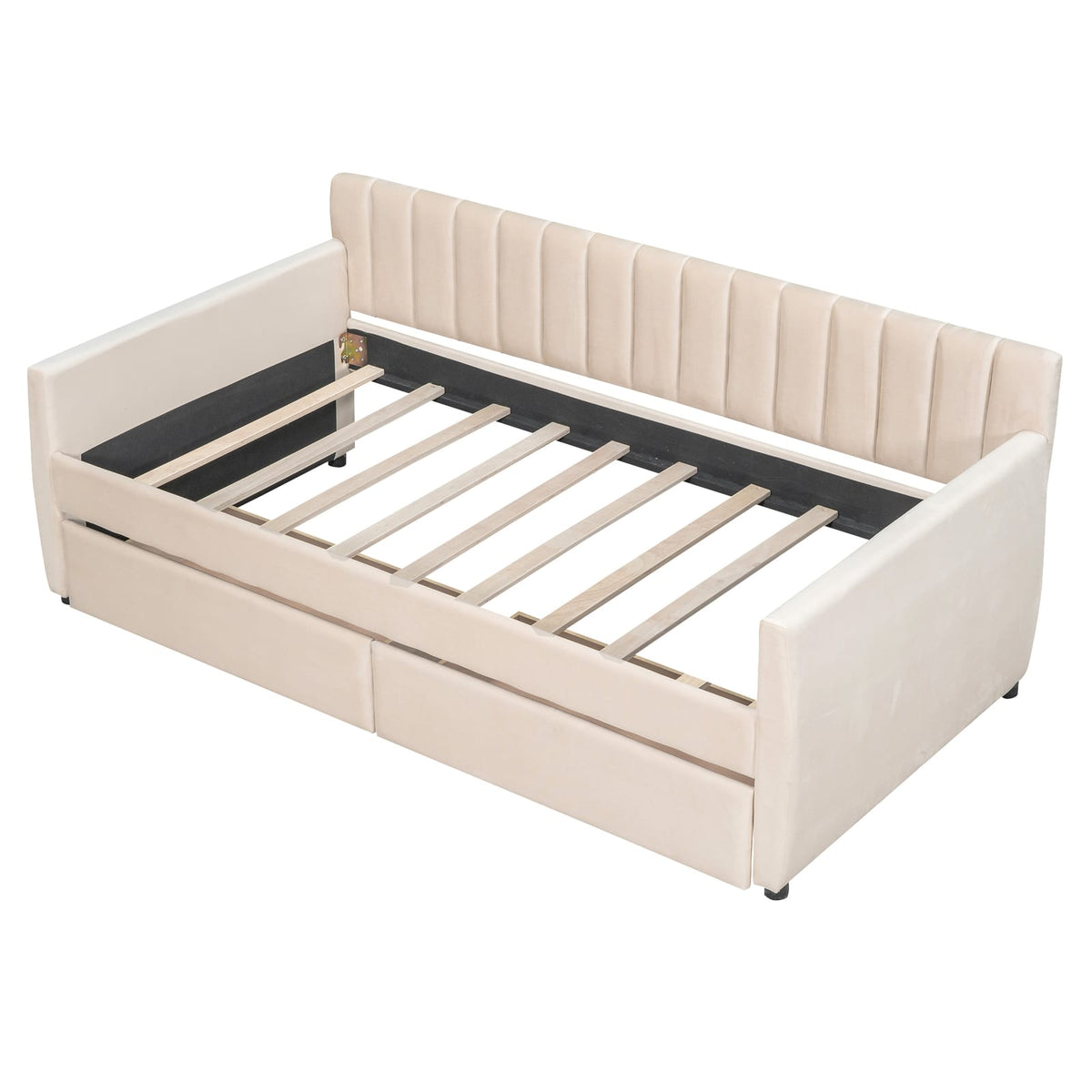 Beige Velvet Sofa Bed with Drawers - Storage Daybed for Living Room