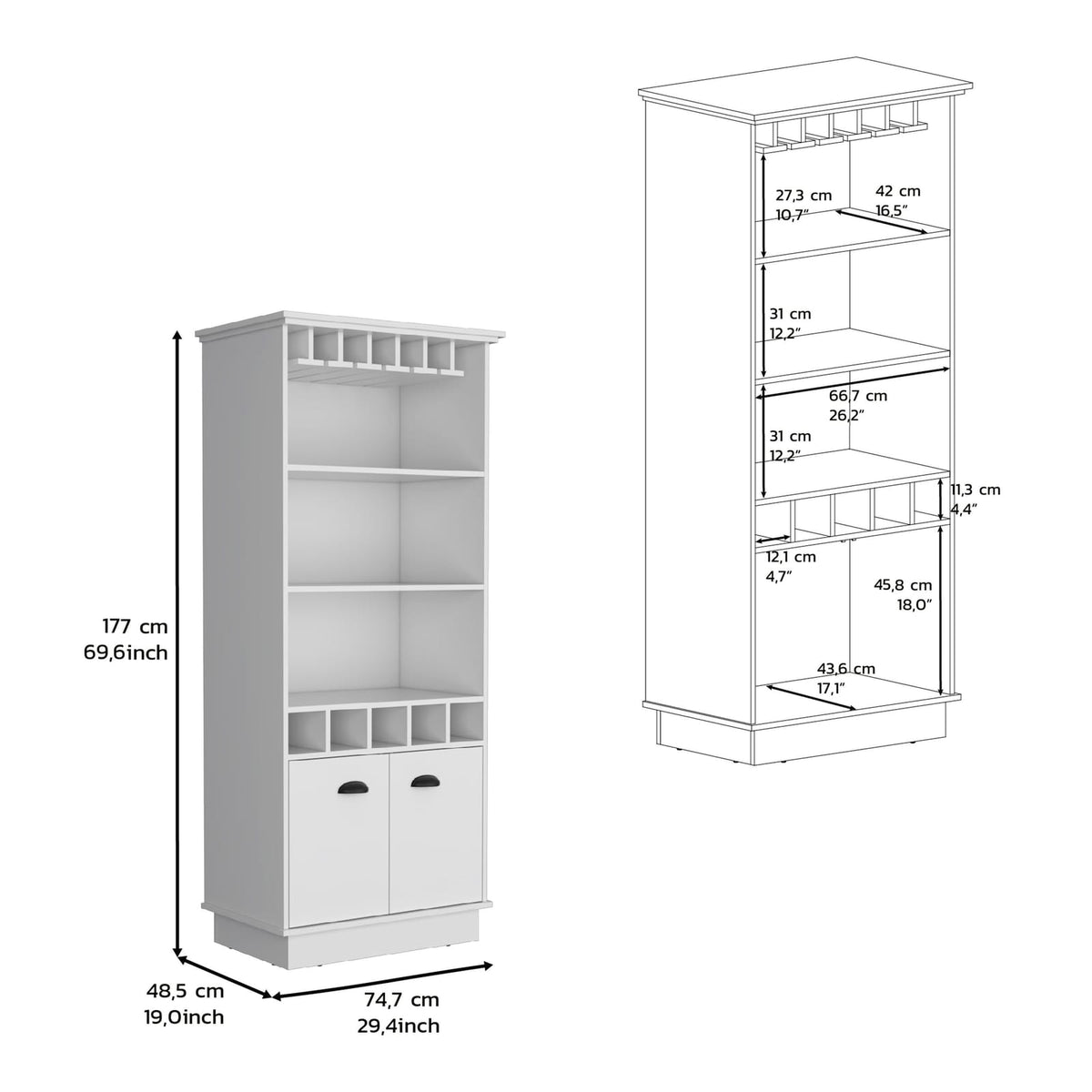 70" White Wine Bar Cabinet with Shelves & Doors for Dining Room