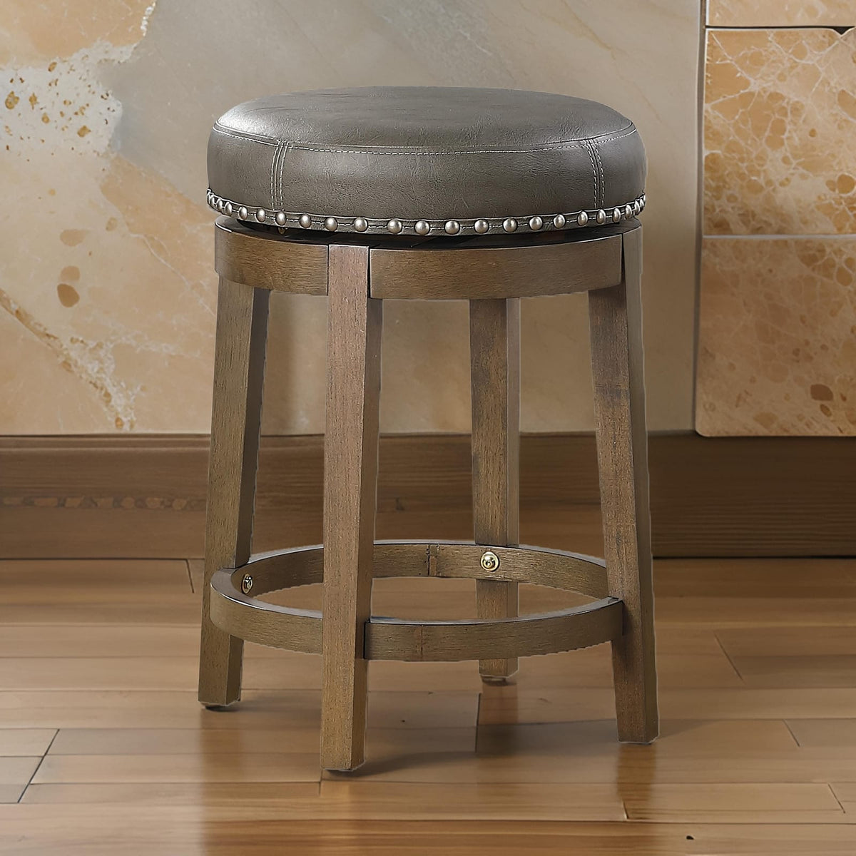 Two Swivel Counter Stools - Brown Gray Wood Fabric for Bedroom