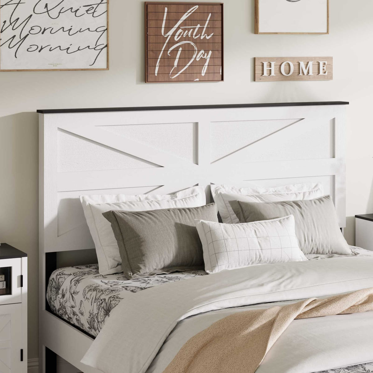 Queen Bed Frame Headboard - White Metal & Wood for Bedroom