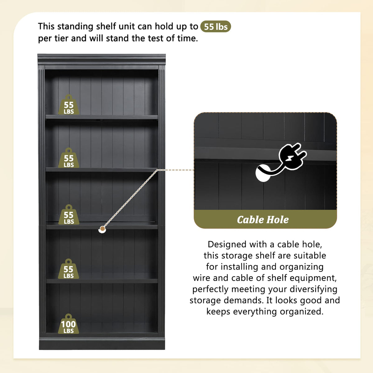 83 Inch Black Wood Bookcase with LED Light Strip