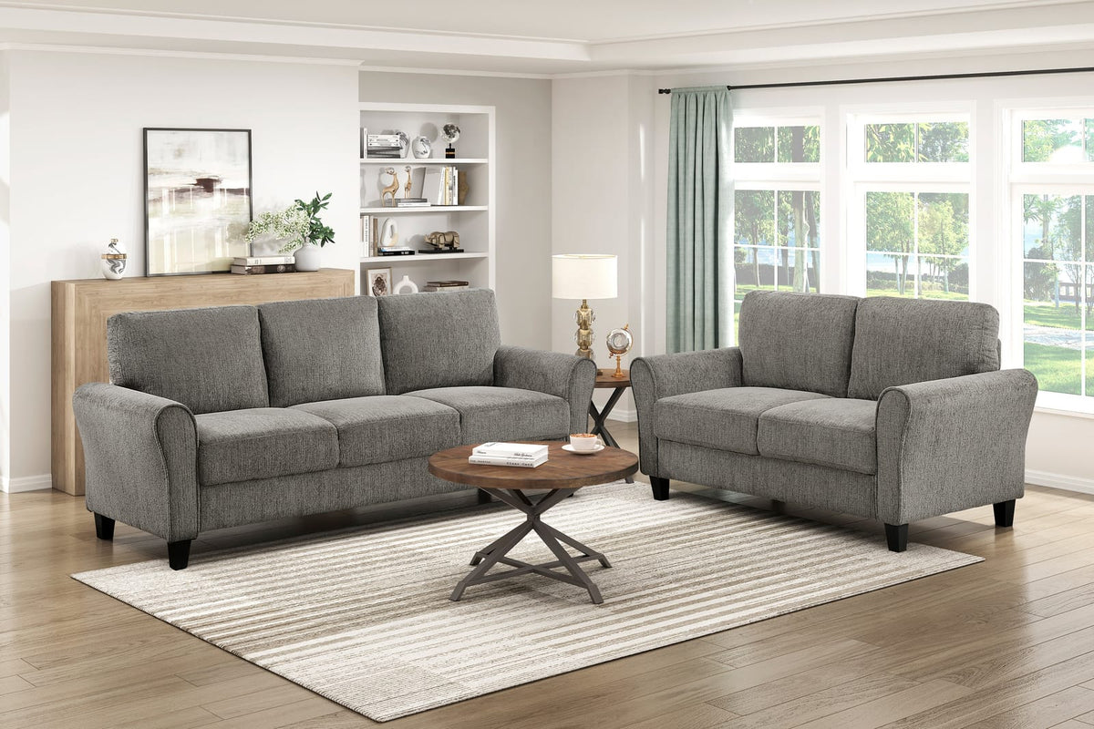 Brown Gray Chenille Rolled Arms Sofa 3 Seat