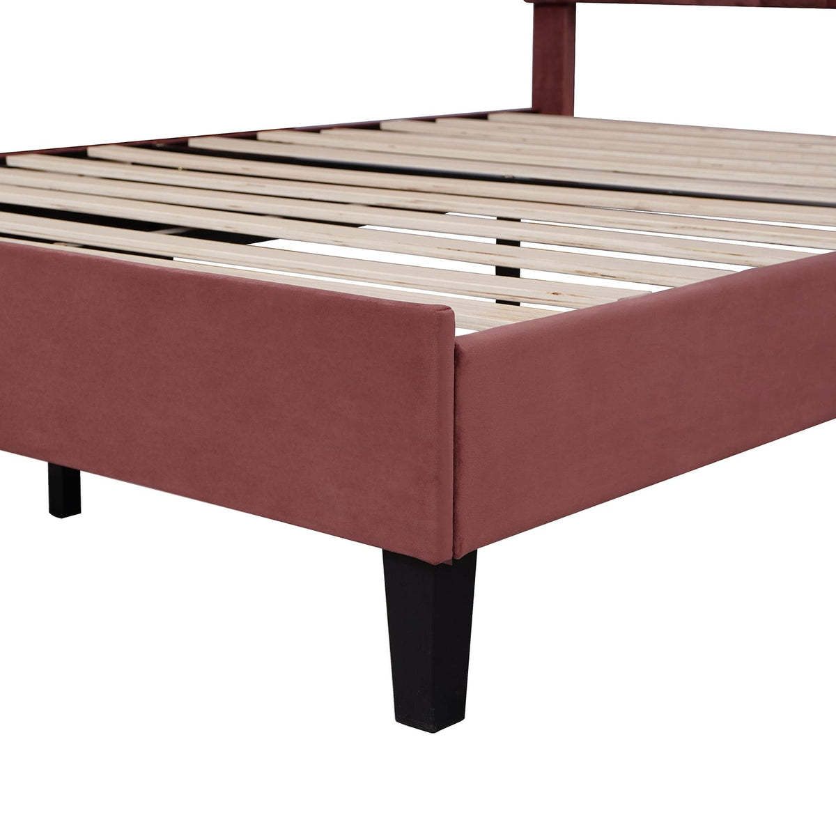 Queen Upholstered Platform Bed - Bean Paste Red Velvet Headboard for Bedroom