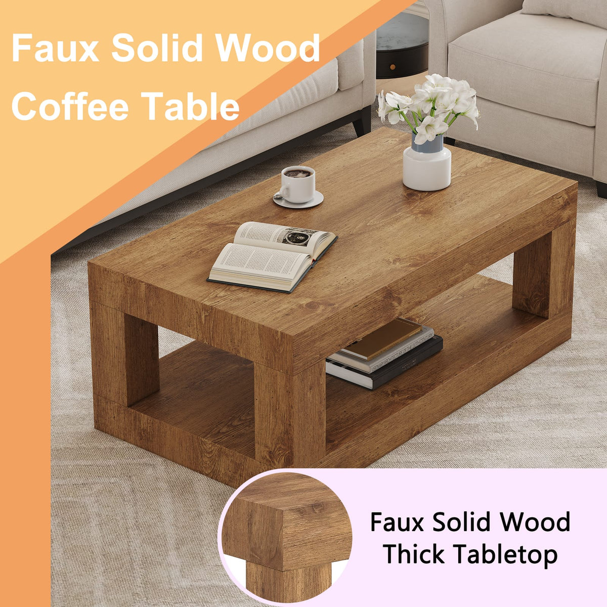 Wood MDF Coffee Table - 2 Tier Storage Shelf for Living Room