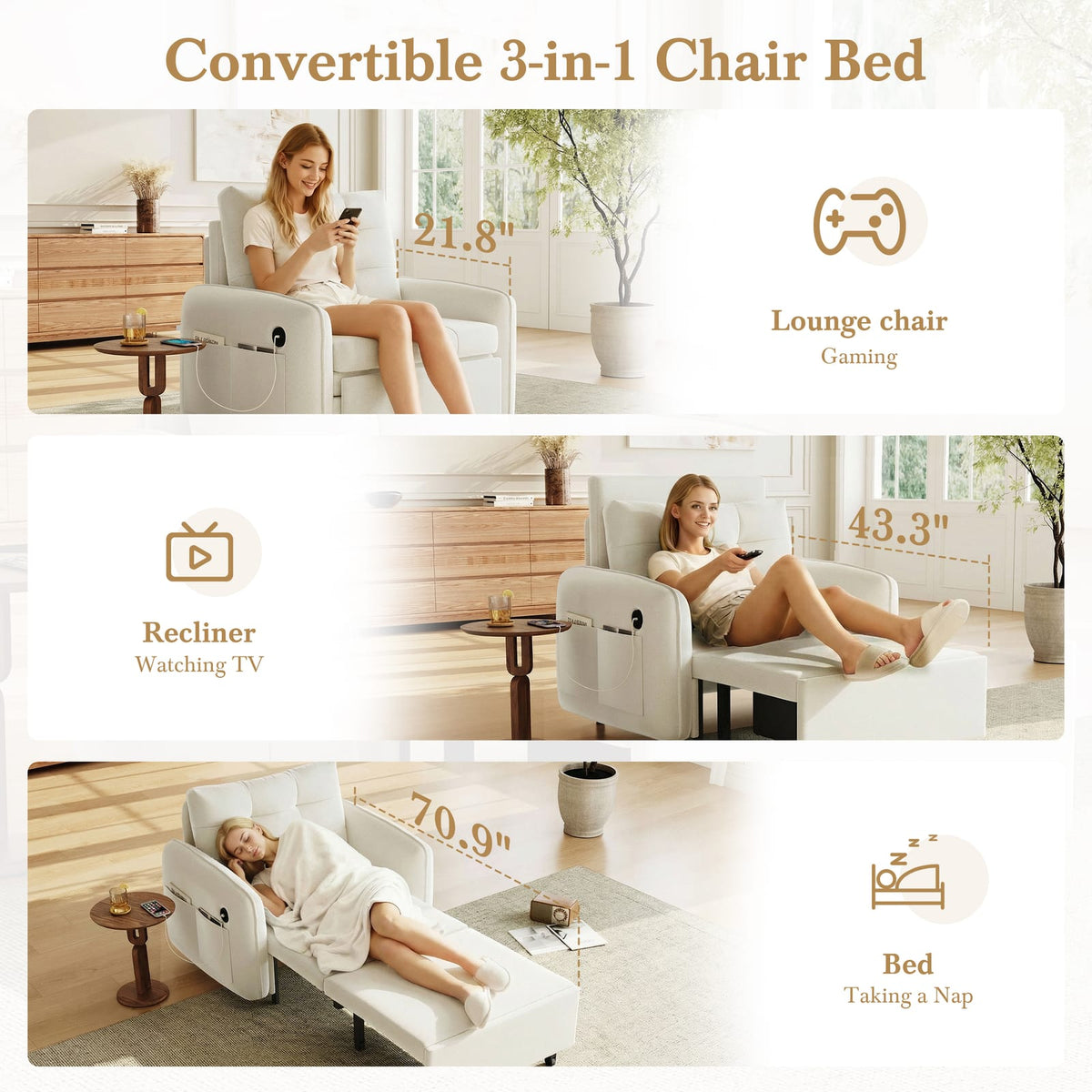 Living Room Beige Chenille Convertible Sofa Bed with Built-in Storage and Charging