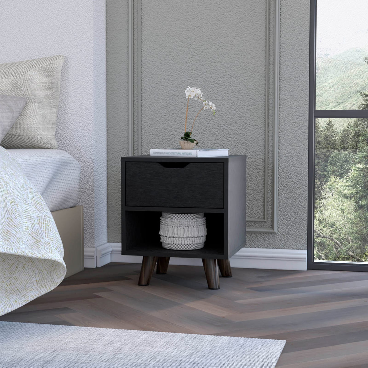 Wenge 1-Open Storage Shelf Nightstand - Black Finish