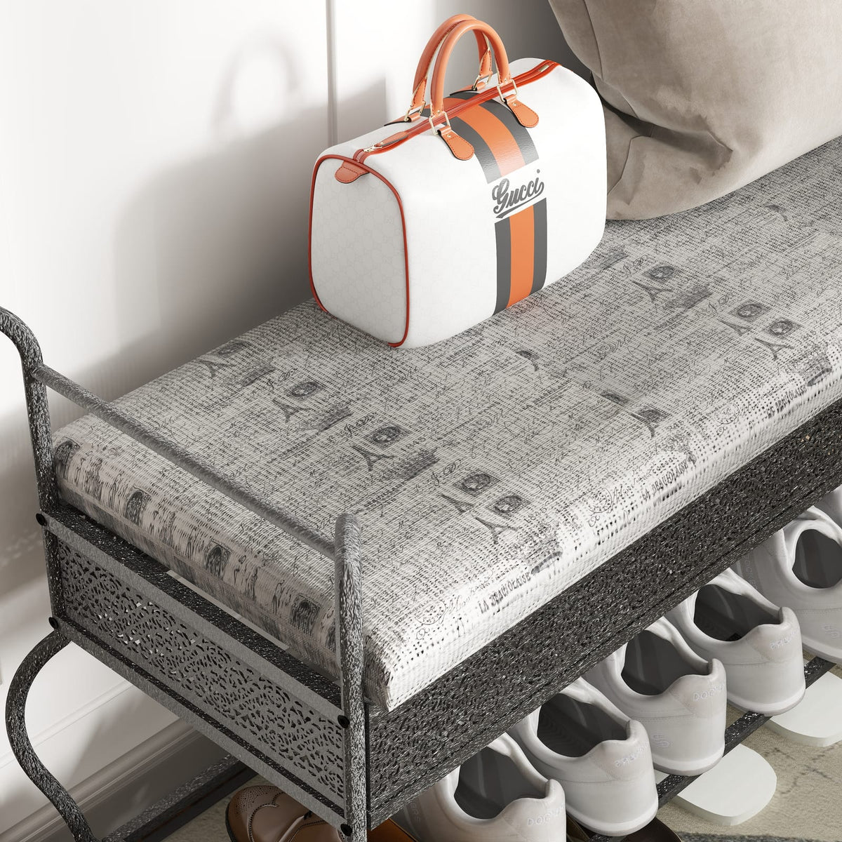 Black and Silver Upholstered Entryway Bench with Shoe Storage for Bedroom