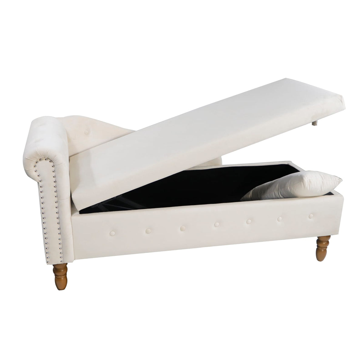 Beige Velvet Chaise Lounge - Storage & Rolled Arm Design