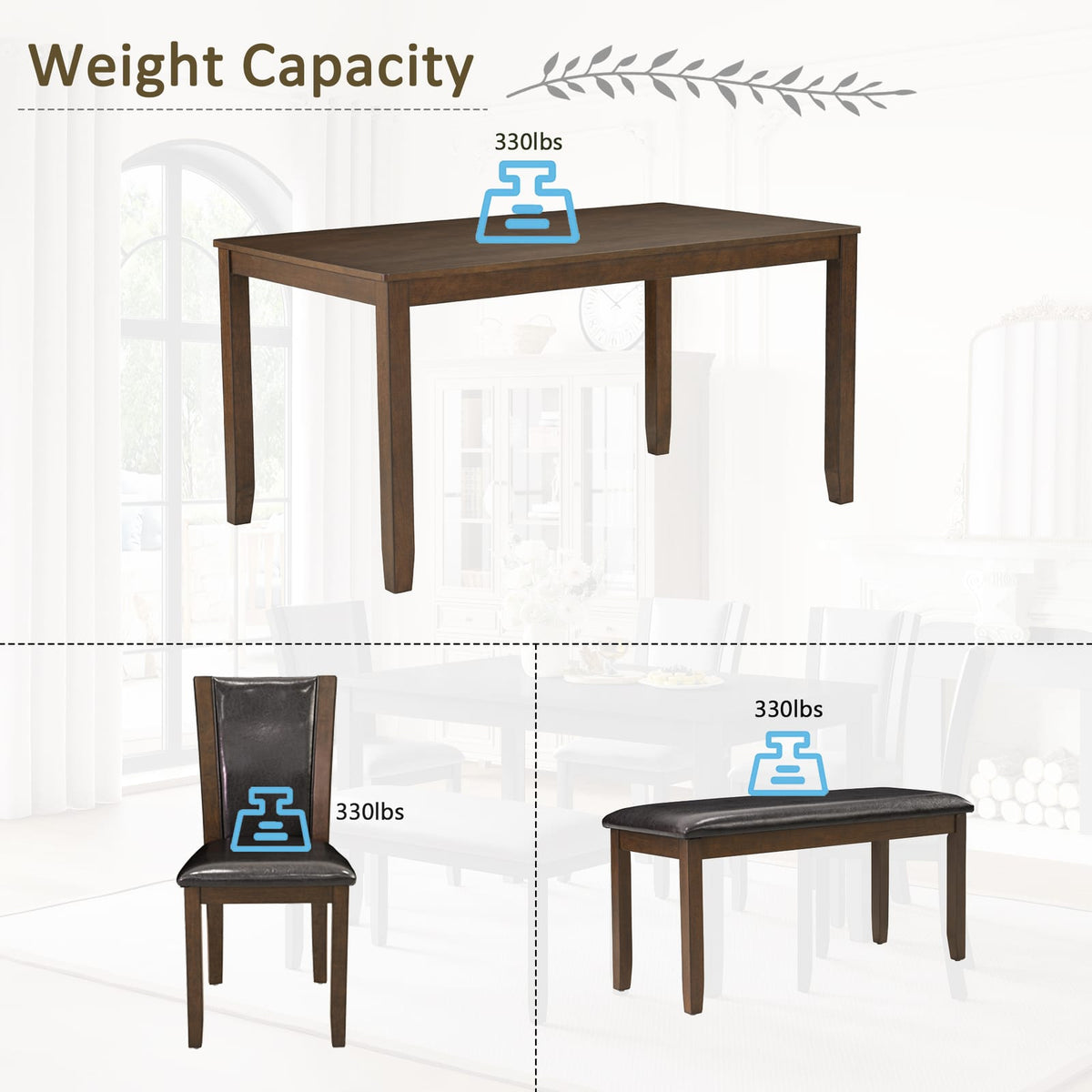 Dark Walnut Dining Table Set - Seats 6
