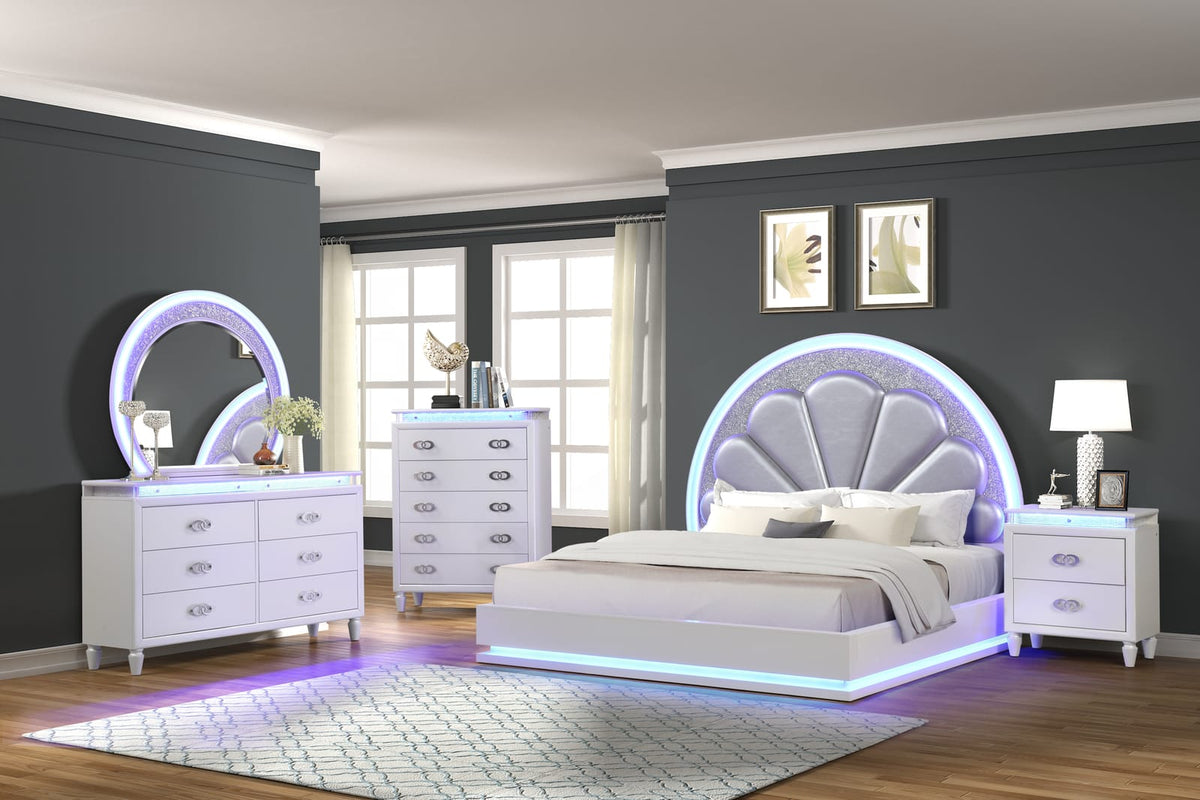 Queen Size LED Bed - Milky White Wood Frame