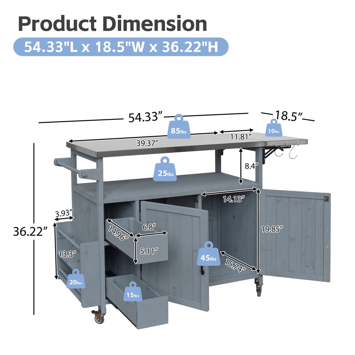 Blue Gray Solid Wood Rolling Kitchen Cart - Outdoor BBQ Cart