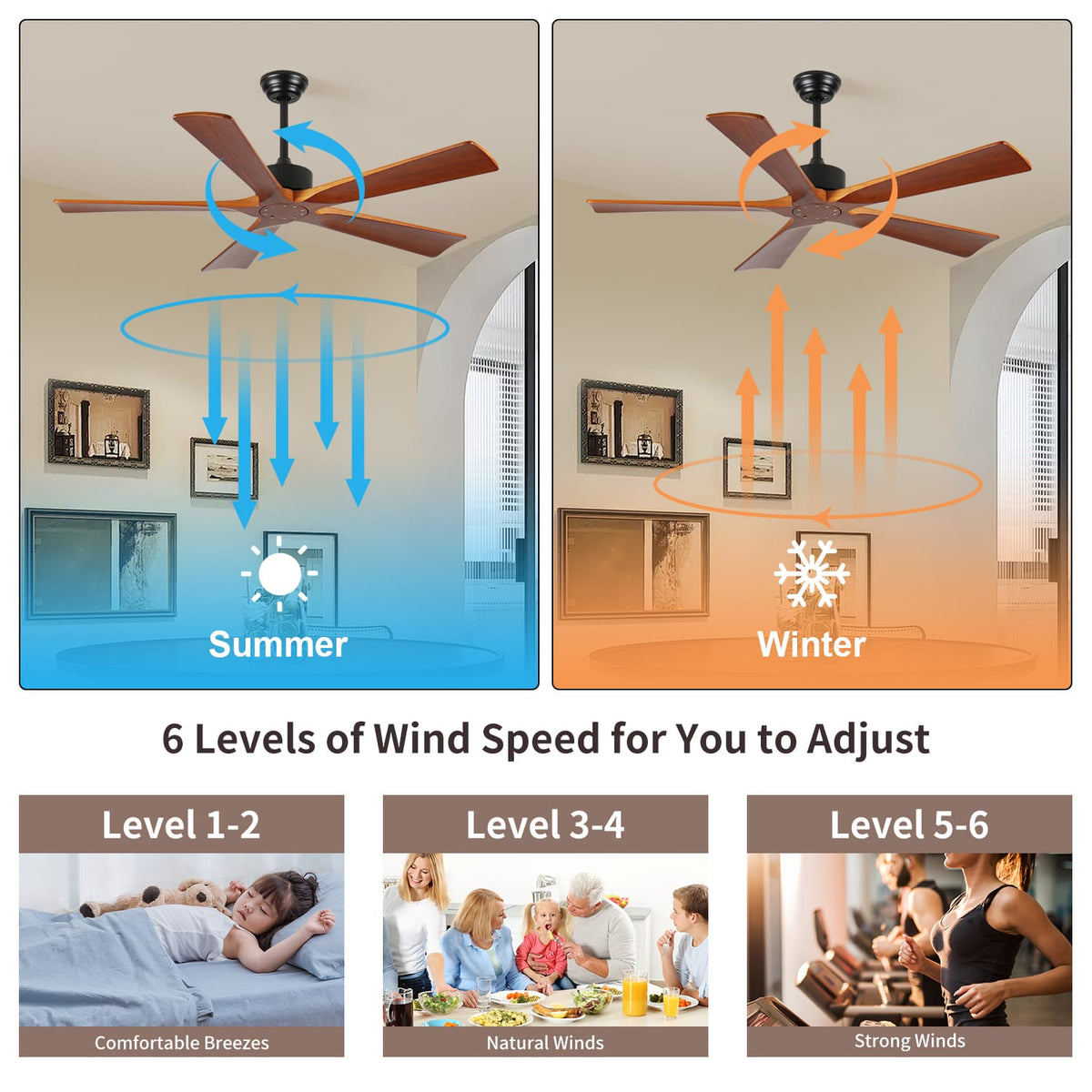 52 Inch Wood Ceiling Fan - Quiet DC Motor for Bedrooms & Porches