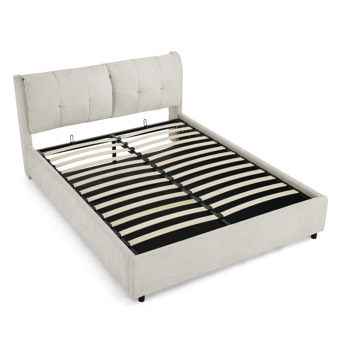 Queen Beige Chenille Upholstered Bed Frame with Storage