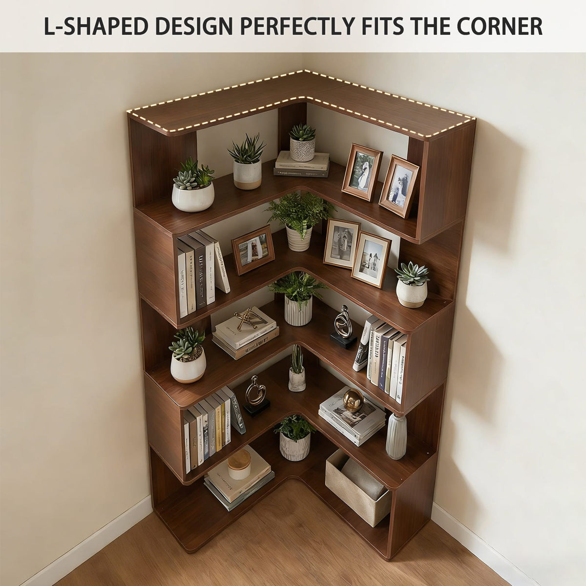 6 Tier Corner Bookshelf - Walnut MDF Display Shelf 66" for Living Room