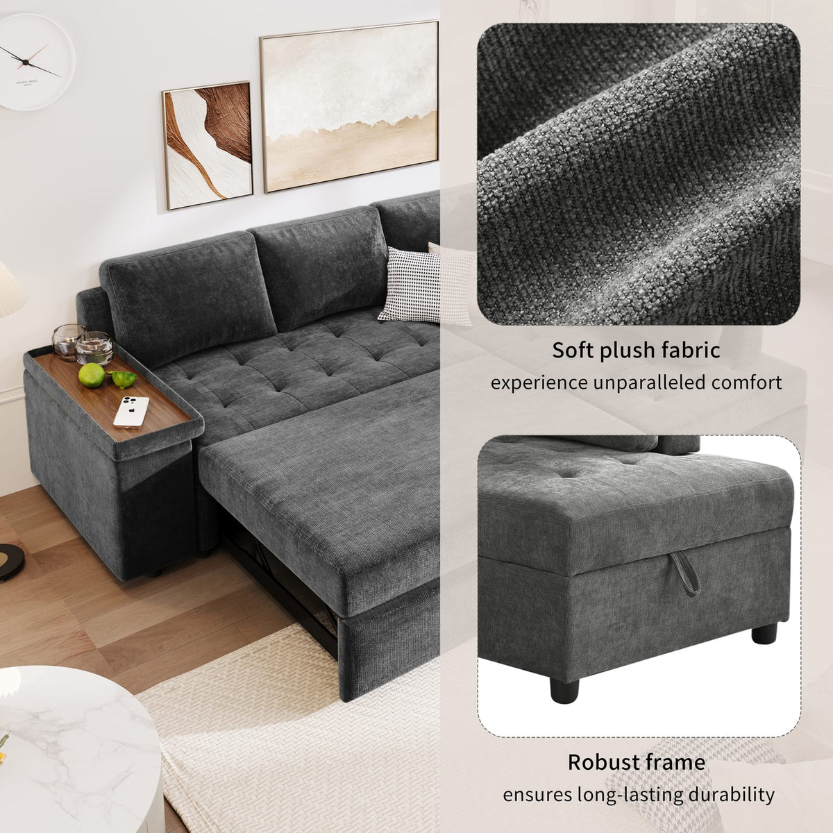 Grey Polyester Sofa Bed - 3 Seat Storage Sectional Sleeper for Living Room