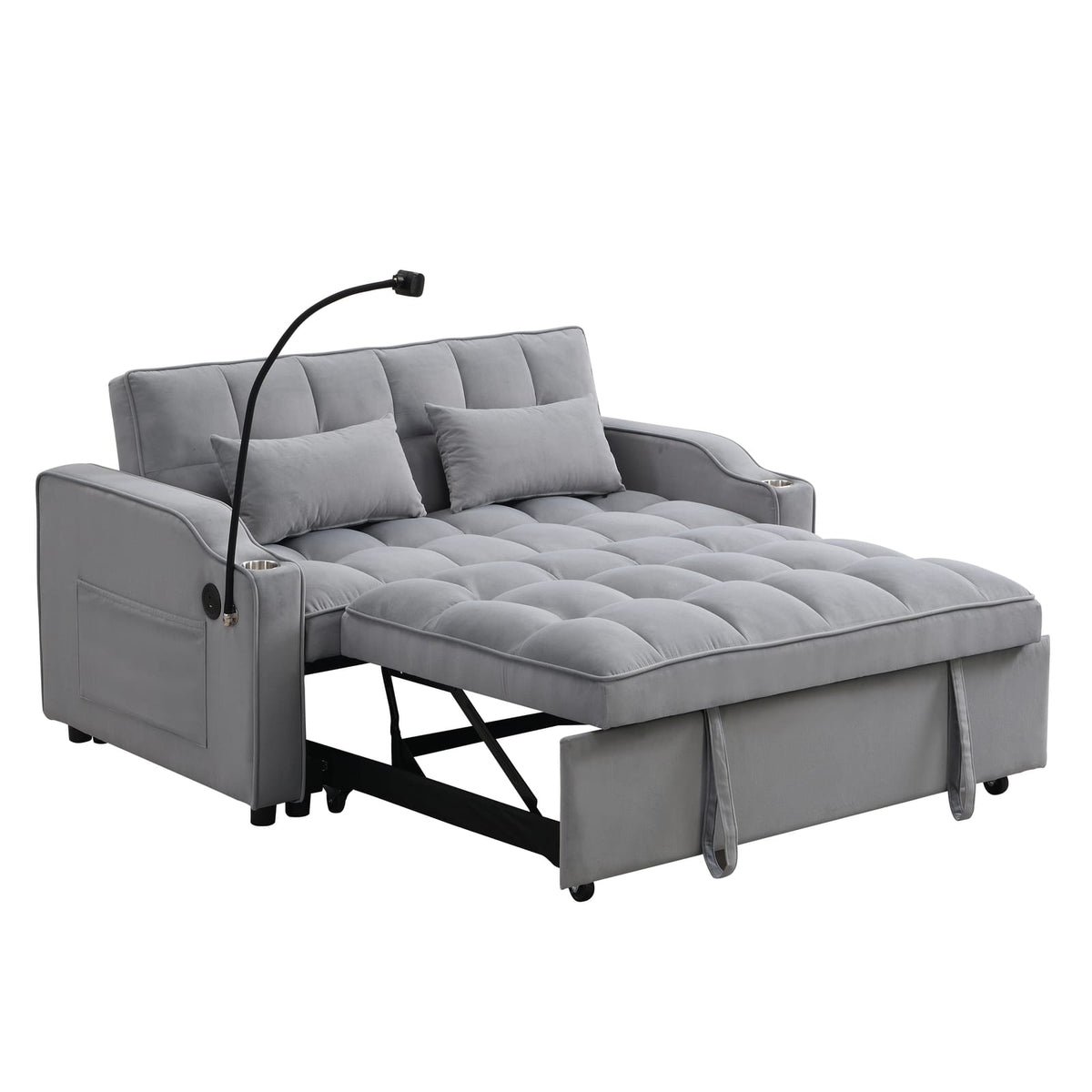 Light Gray Velvet Sofa Bed with Pullout Sleeper Function for Living Room