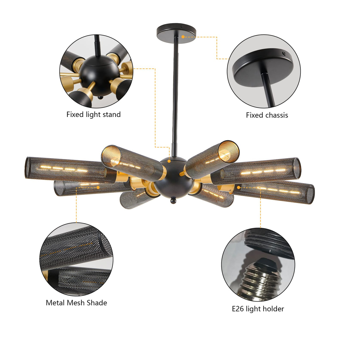 34" Modern Industrial Sputnik Chandelier - Black & Gold Metal Pendant Light