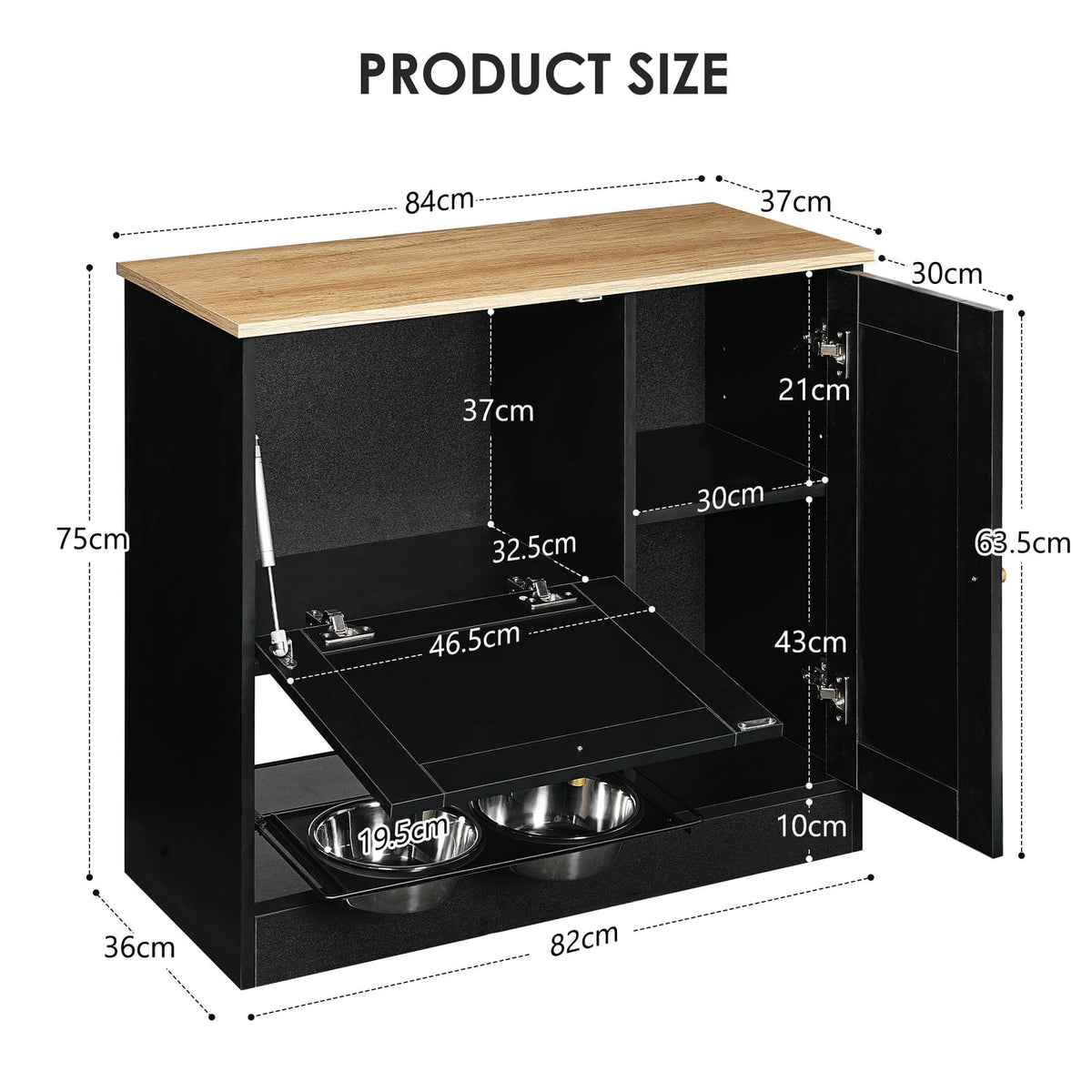 Black Vintage Dog Bed Station with 2 Bowls - 33" Storage