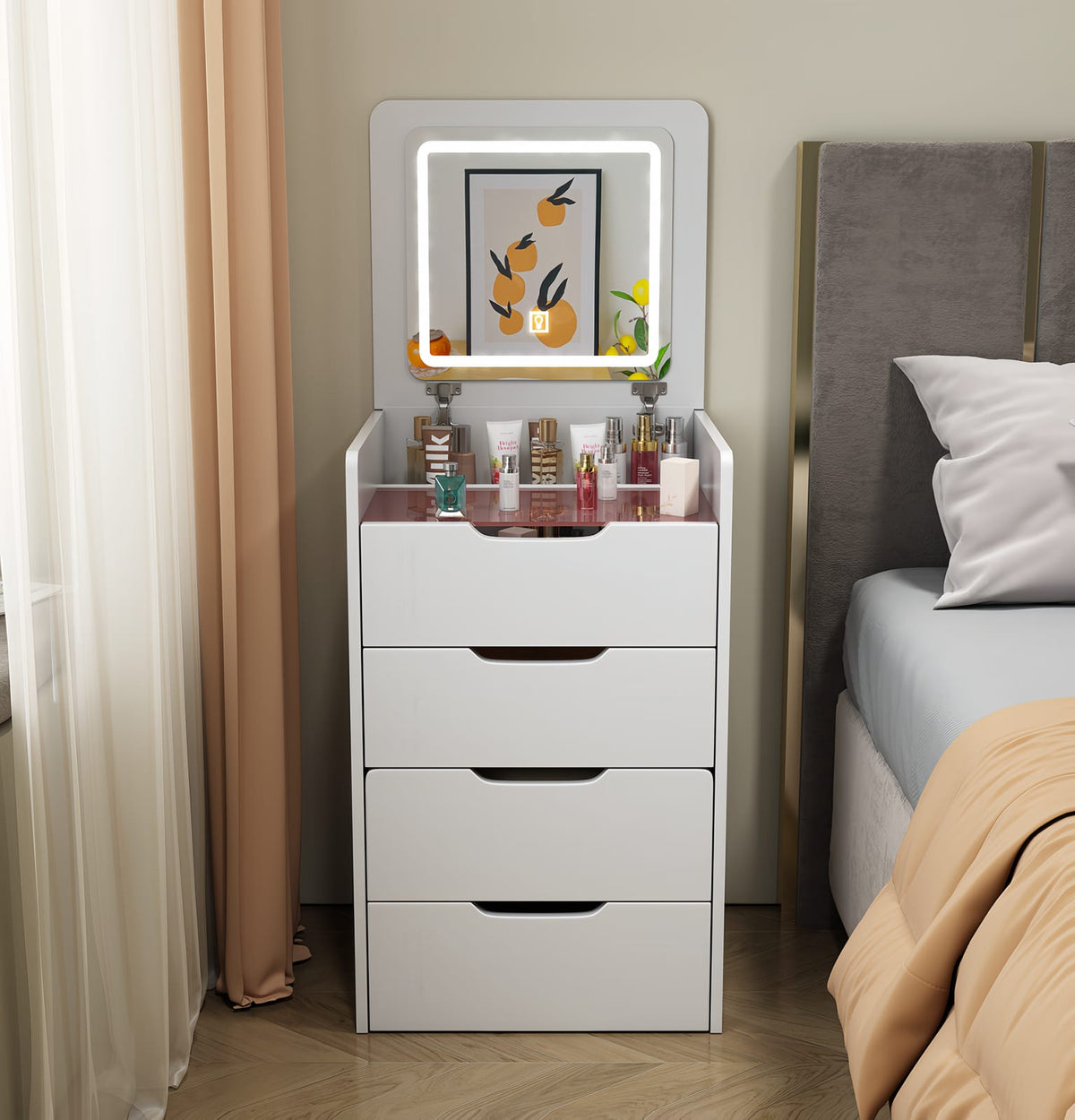 Modern White MDF+Glass Vanity Desk with Mirror and Storage for Bedroom