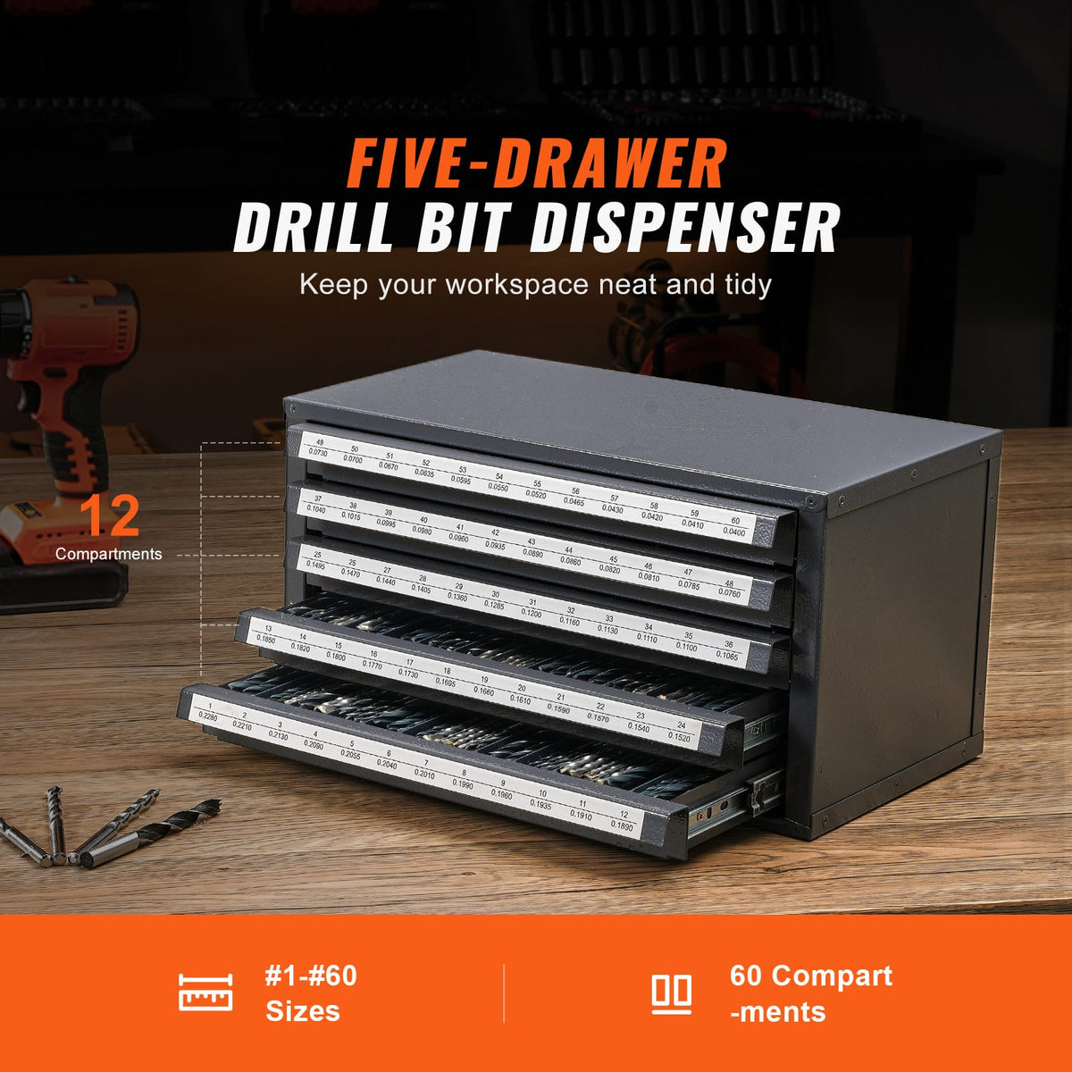 Drill Bit Dispenser Cabinet - 5 Drawers, Steel Organizer for Drill Bits #1-#60