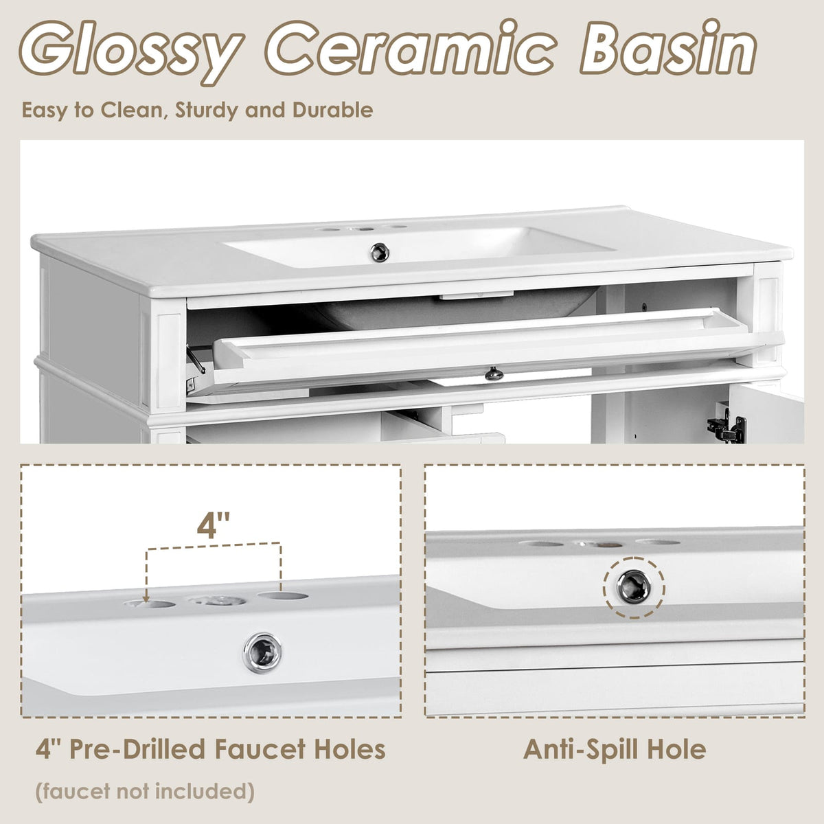 36" White Ceramic Bathroom Vanity with Storage - Modern Design