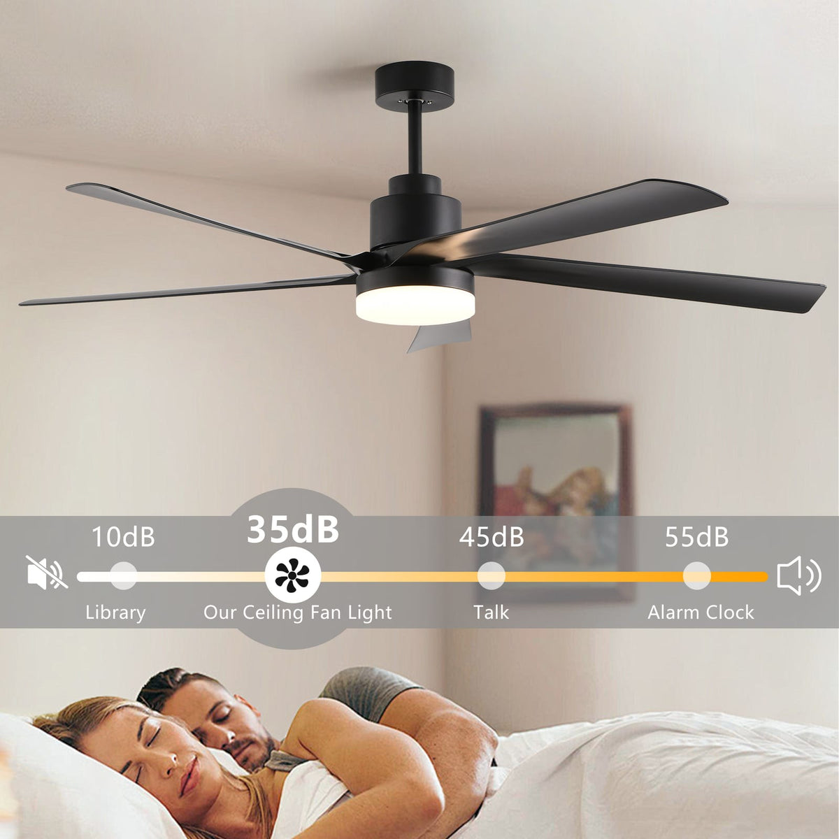 65 Inch Black Ceiling Fan Light - Quiet, Dimmable LED Remote Control