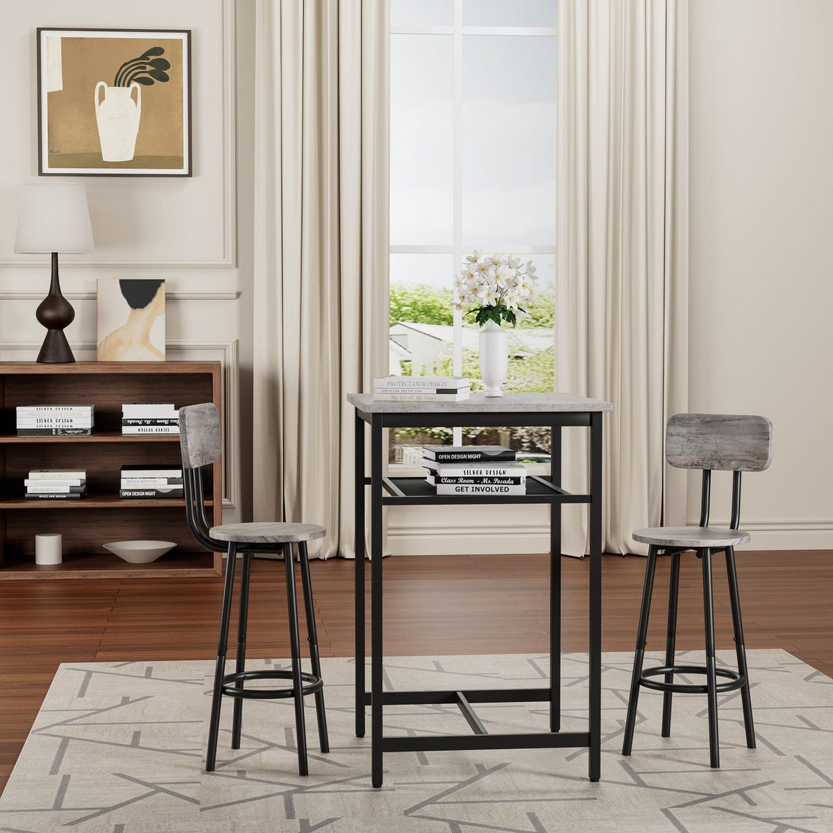 2-Person Grey Dining Table Set with Stools for Dining Room