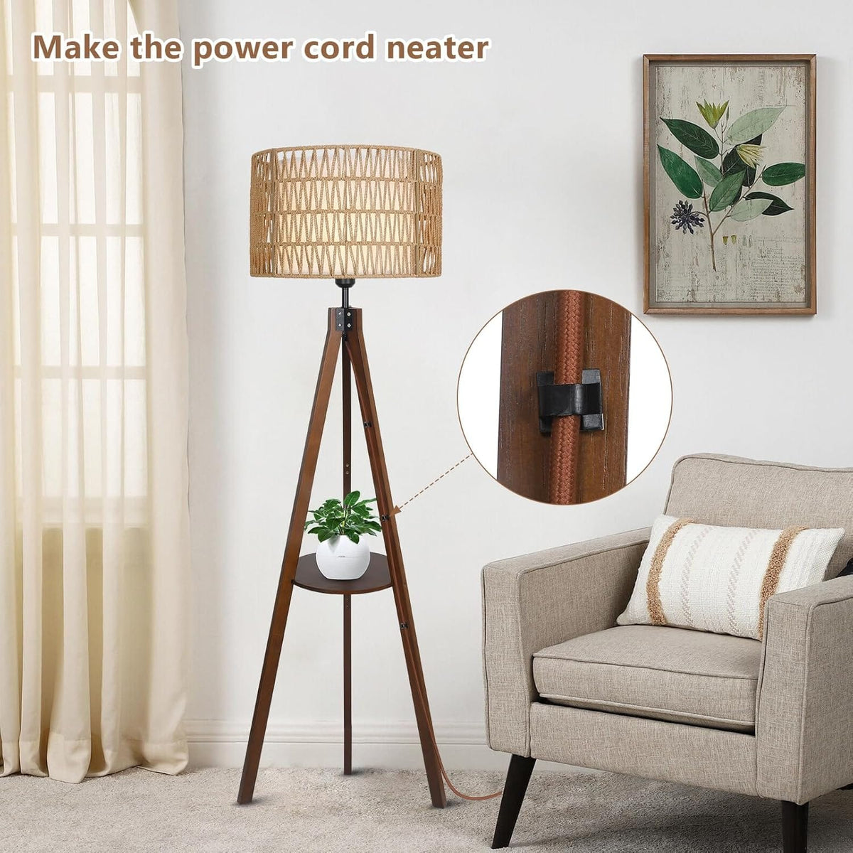 Brown Wood Rattan Floor Lamp with Shelves and Foot Switch for Living Room