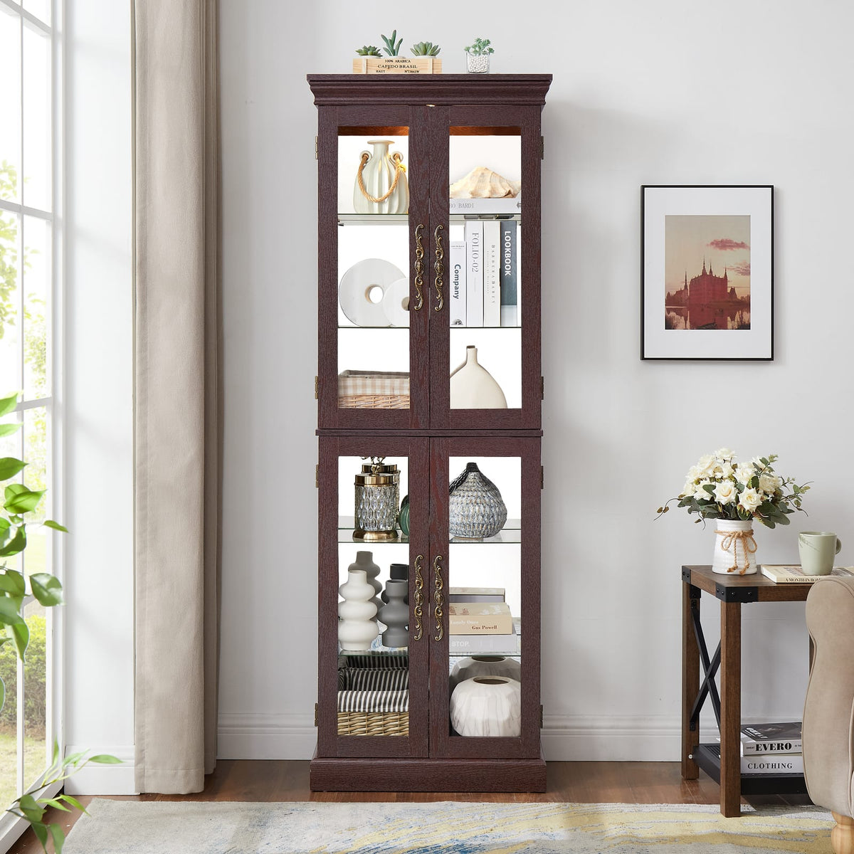 Living Room Lighted Cherry MDF Display Cabinet - 24.21 x 12.20 x 71.26", Storage