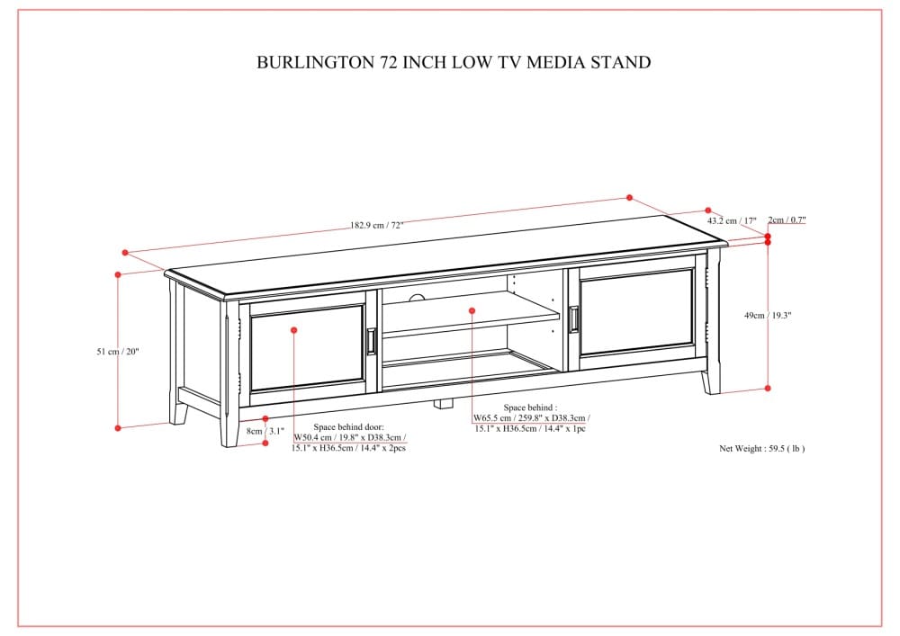Solid Wood TV Stand - Mahogany Brown - 72" Wide for Living Room