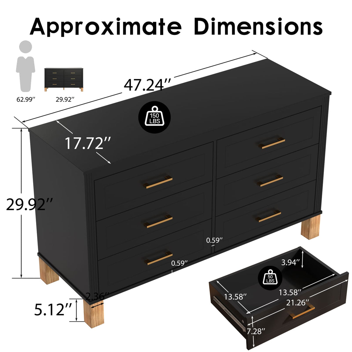 6-Drawer Black Dresser - Bedroom Storage Cabinet
