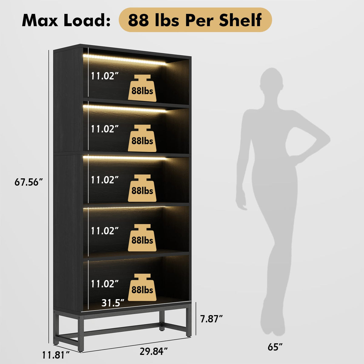 Black Tall Bookcase with LED Lights - 5 Tier Storage Shelf