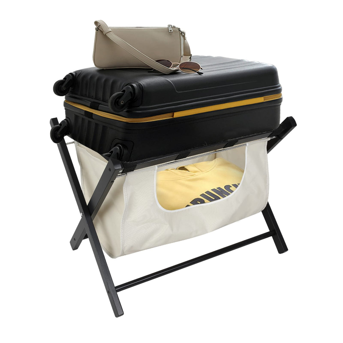 Folding Luggage Rack - Black Wood Fabric Storage Shelf