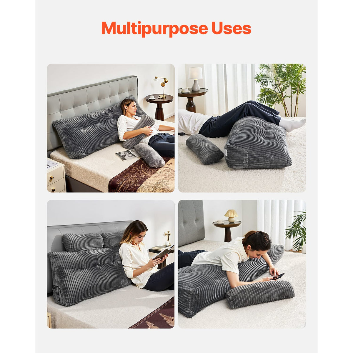 Queen Size Wedge Pillow - Gray with Storage Pockets