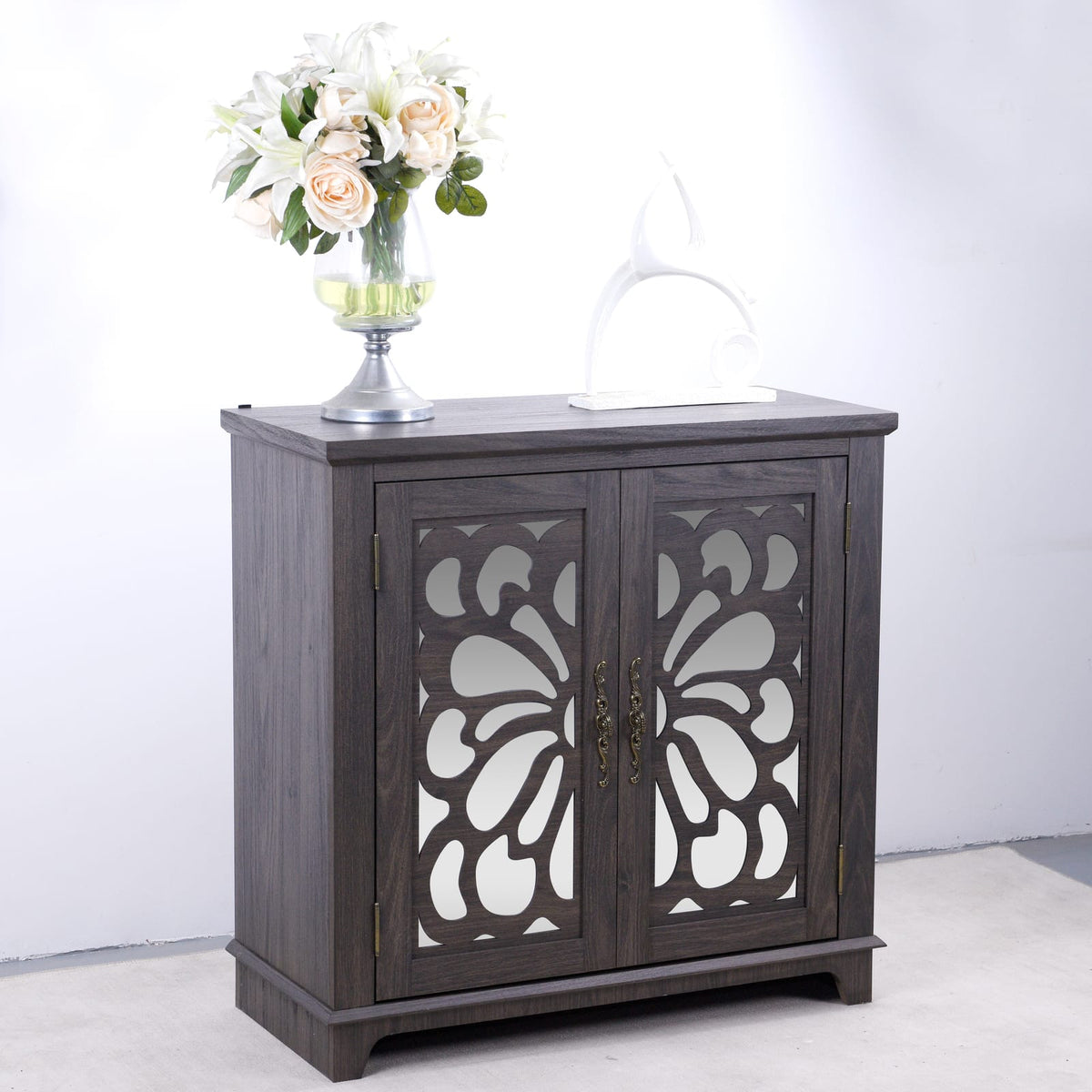 Dark Brown MDF Sideboard Buffet with Mirrored Doors & Adjustable Shelves