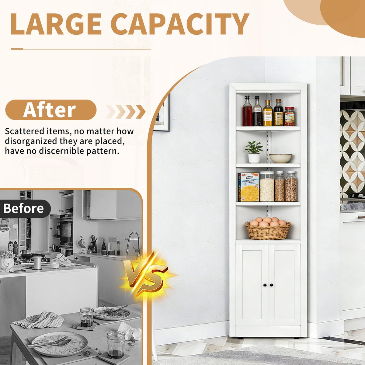 White Bathroom Storage Cabinet - 1 Door, 5 Shelves