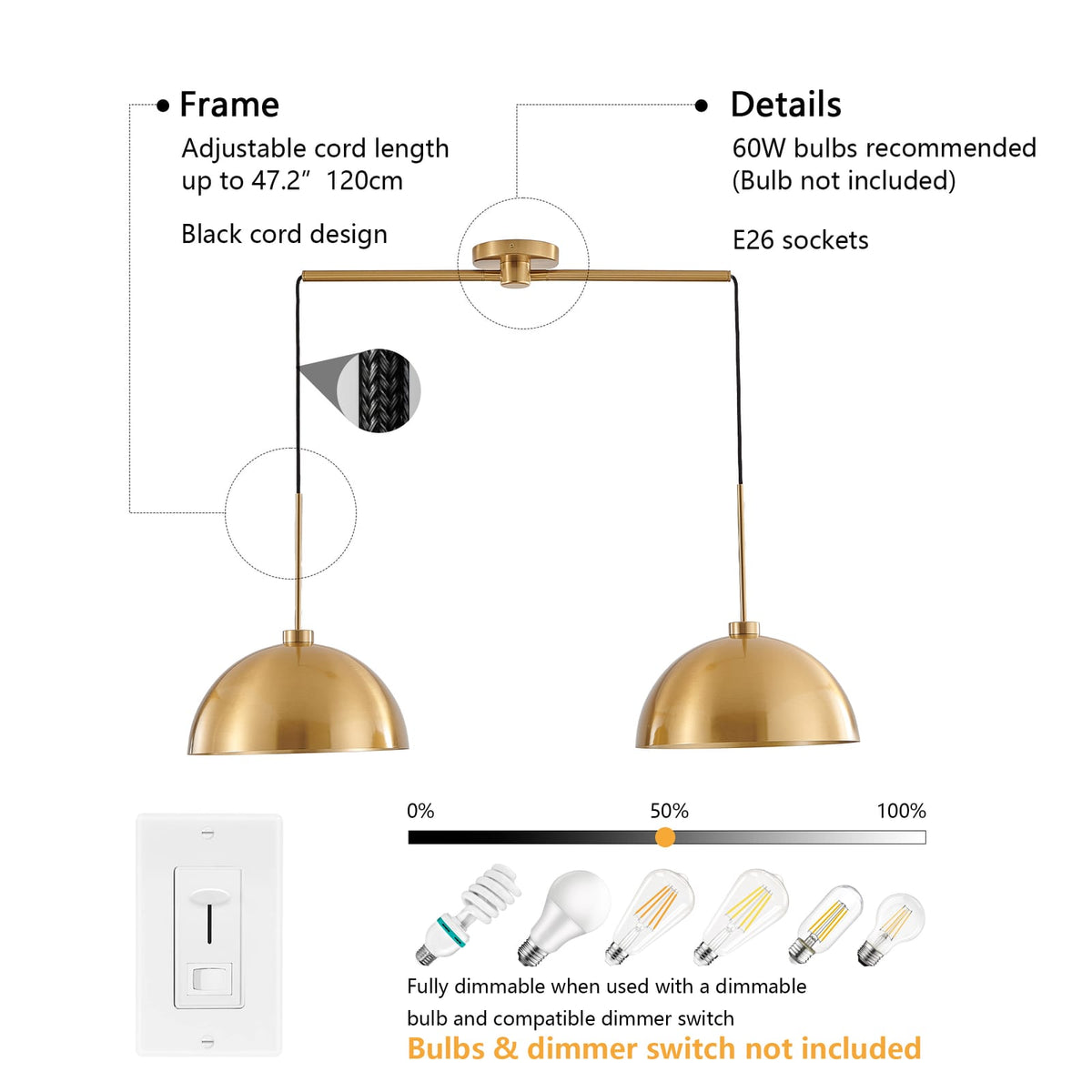 Coppery Iron Double Pendant Light - 41 Inch Dining Room Lighting