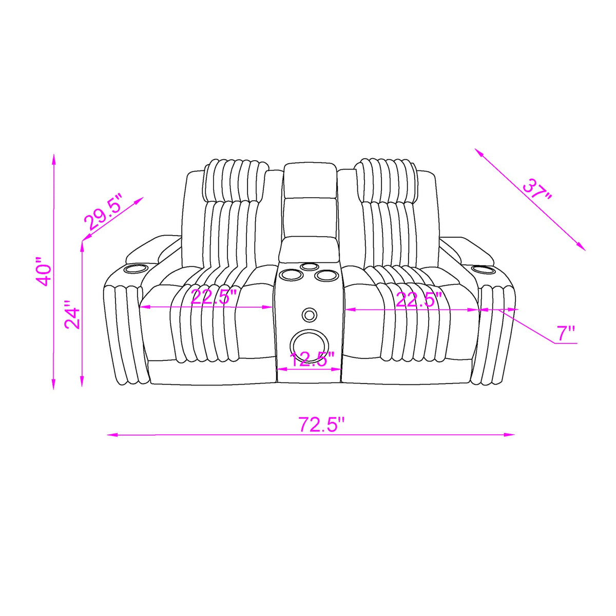 Black Polyester Power Reclining Loveseat - 72" for Living Room