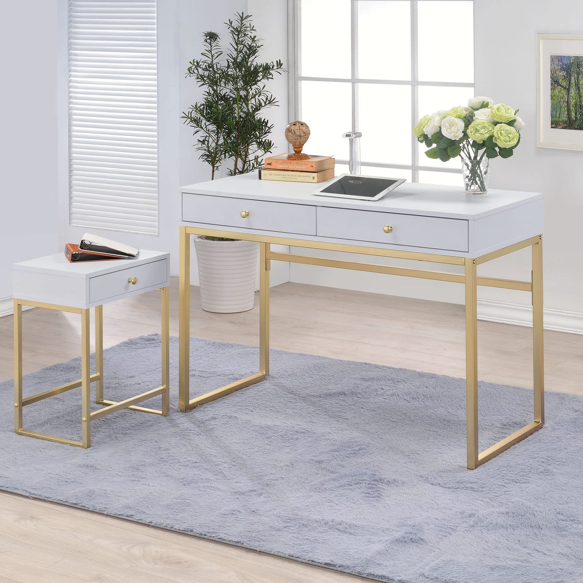 White & Gold 1-Drawer Side Table - Contemporary Style
