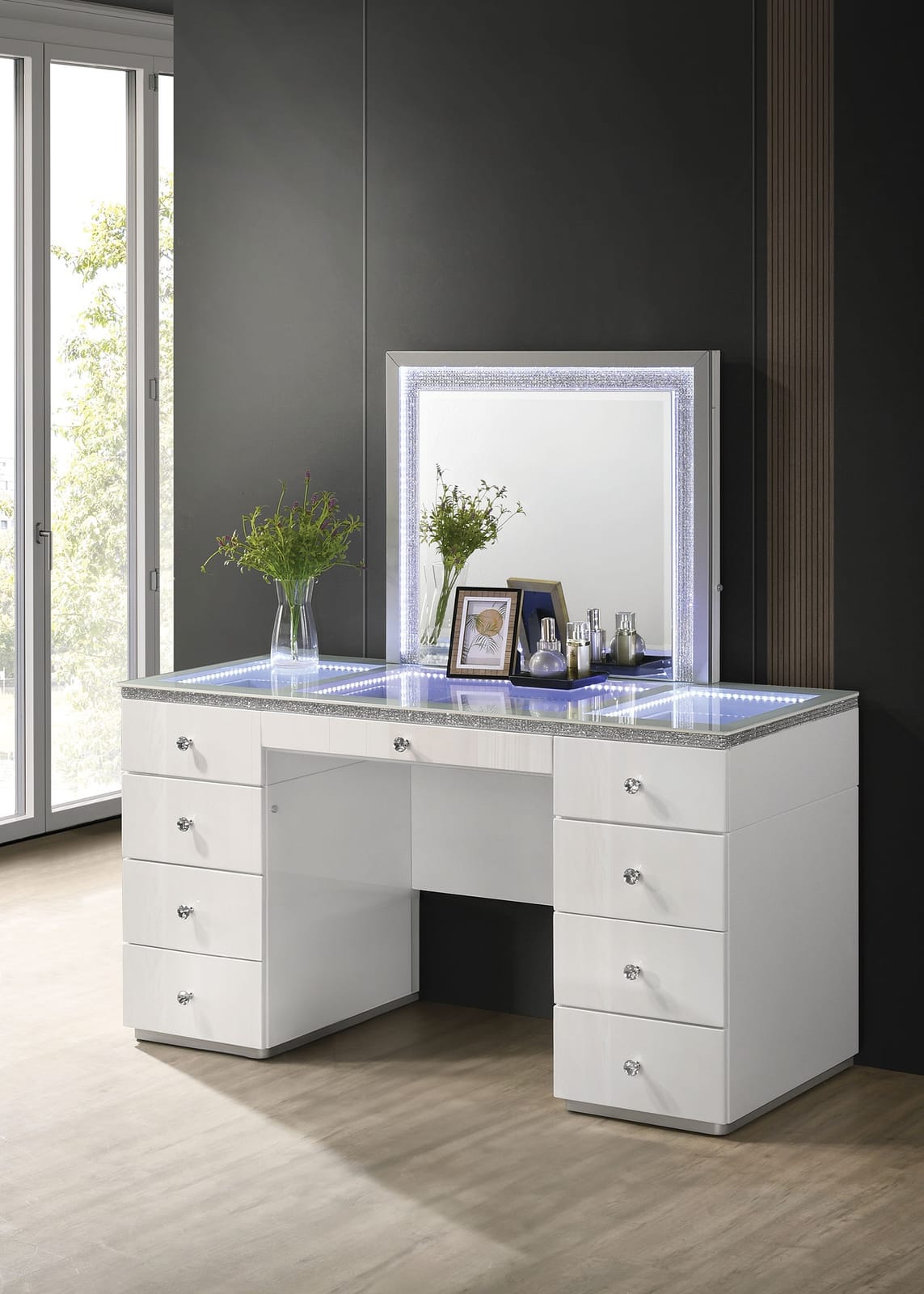 Contemporary White Vanity with 5 Drawers - Storage & Mirror