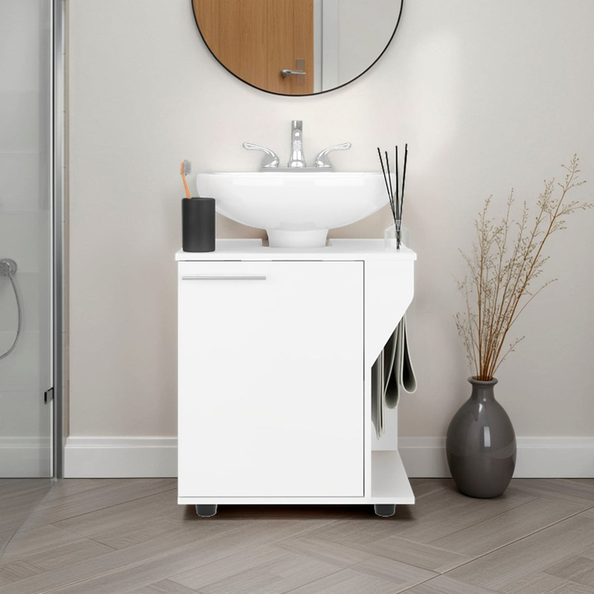 White Bathroom Vanity with Two Shelves