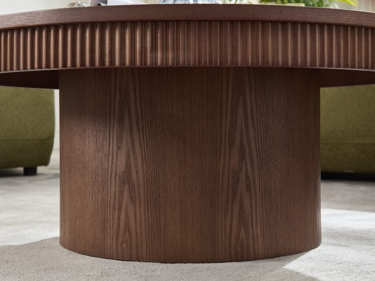 Walnut Round Coffee Table with Wave Trim, MDF for Living Room