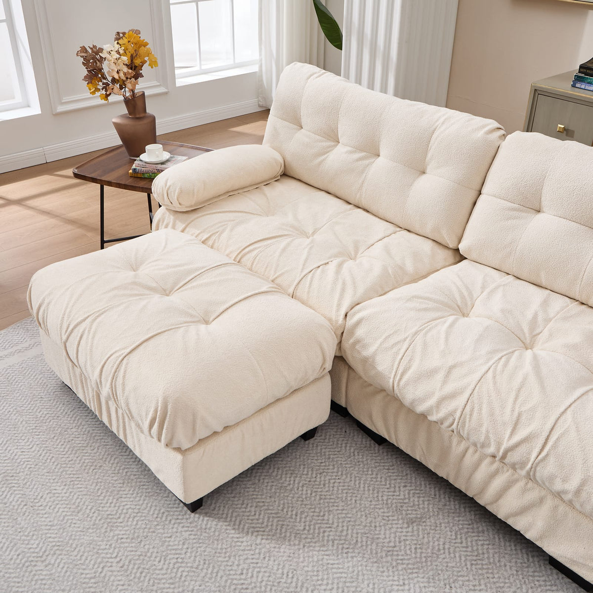 3-Seat Beige Wood Sectional Sofa - Comfy Cloud Couch
