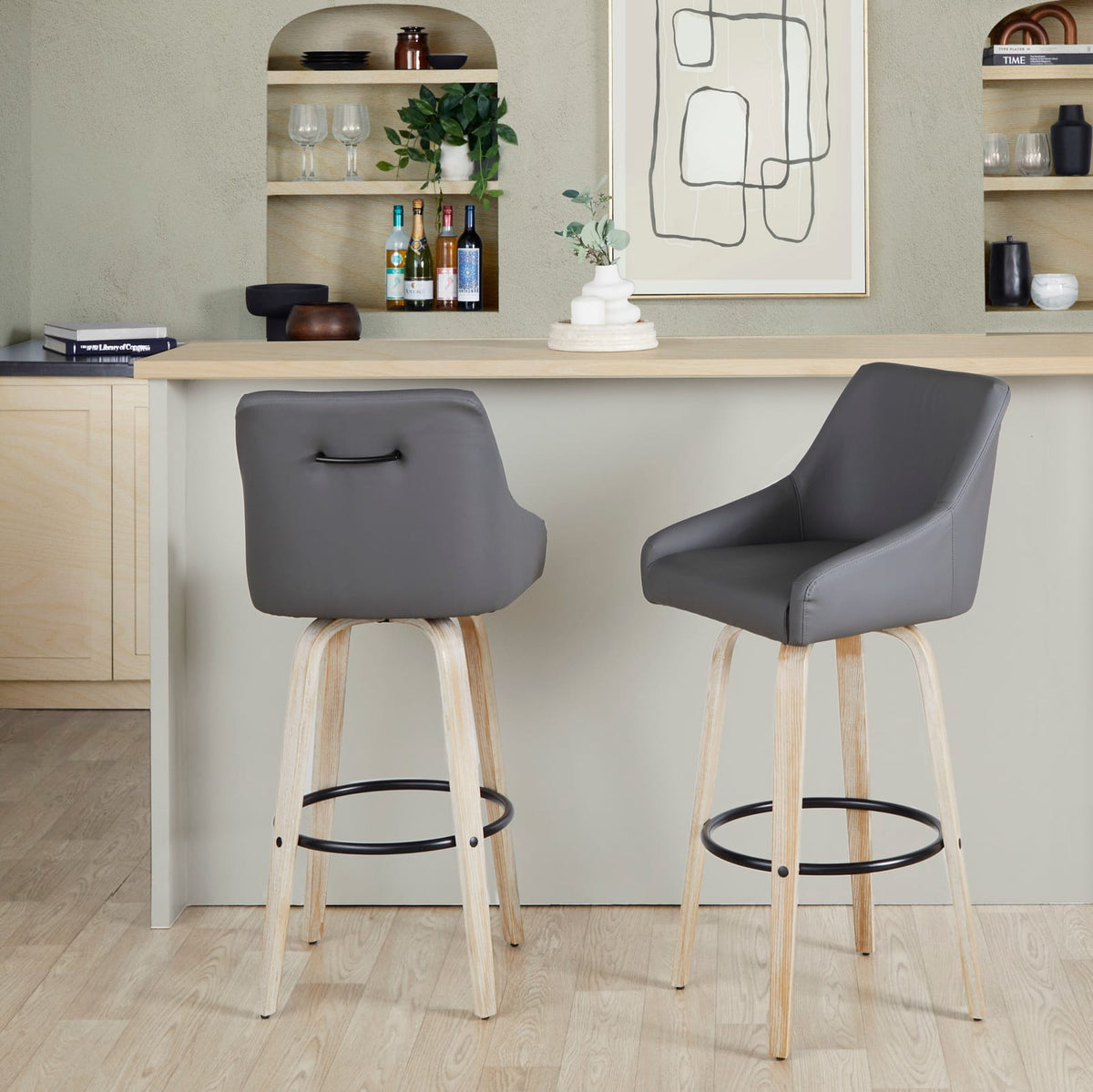 36" Swivel Barstool Set - Dark Grey Faux Leather, Whitewashed Wood